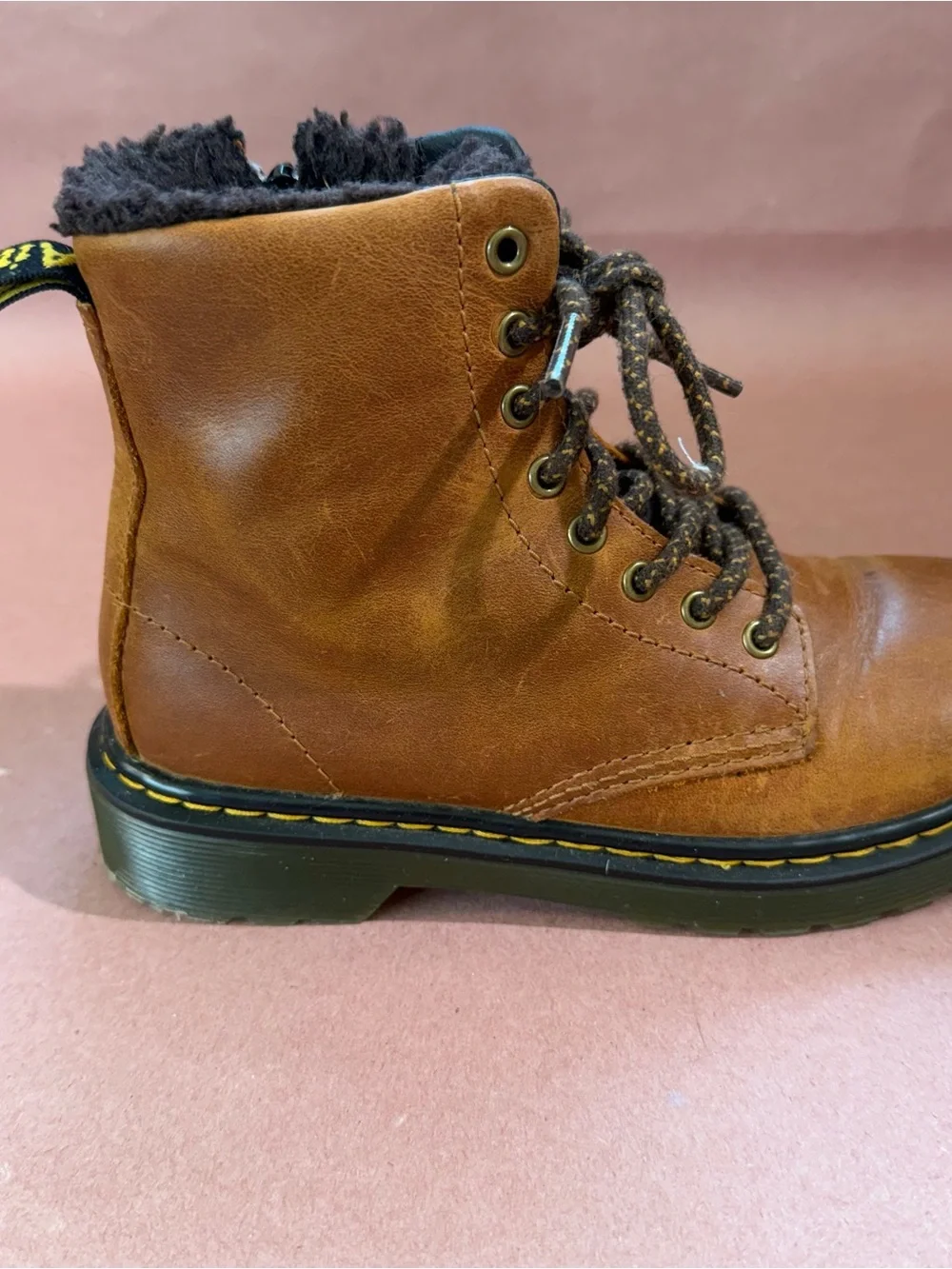 Dr. Martens 1460 Serena Brown Leather Lace-Up Faux Fur-Lined Boots Kids Size 1